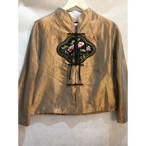VTG Silver Dragon De Oriental Classic Brocade Silk Kimono Blazer Coat Medium Tan